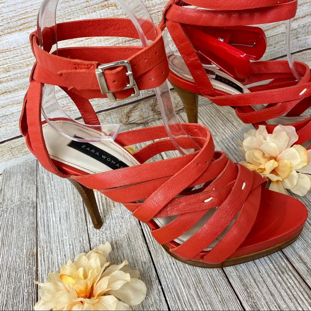 Zara Coral Leather Sandals Size 37 - Picture 4 of 12